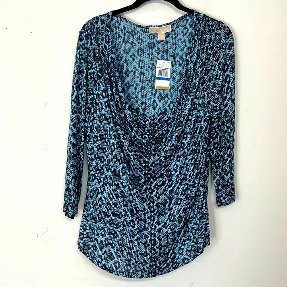 🌞 Michael Kors NWT Elegant Blue & Black Cowl Drape Neck blouse women size XL